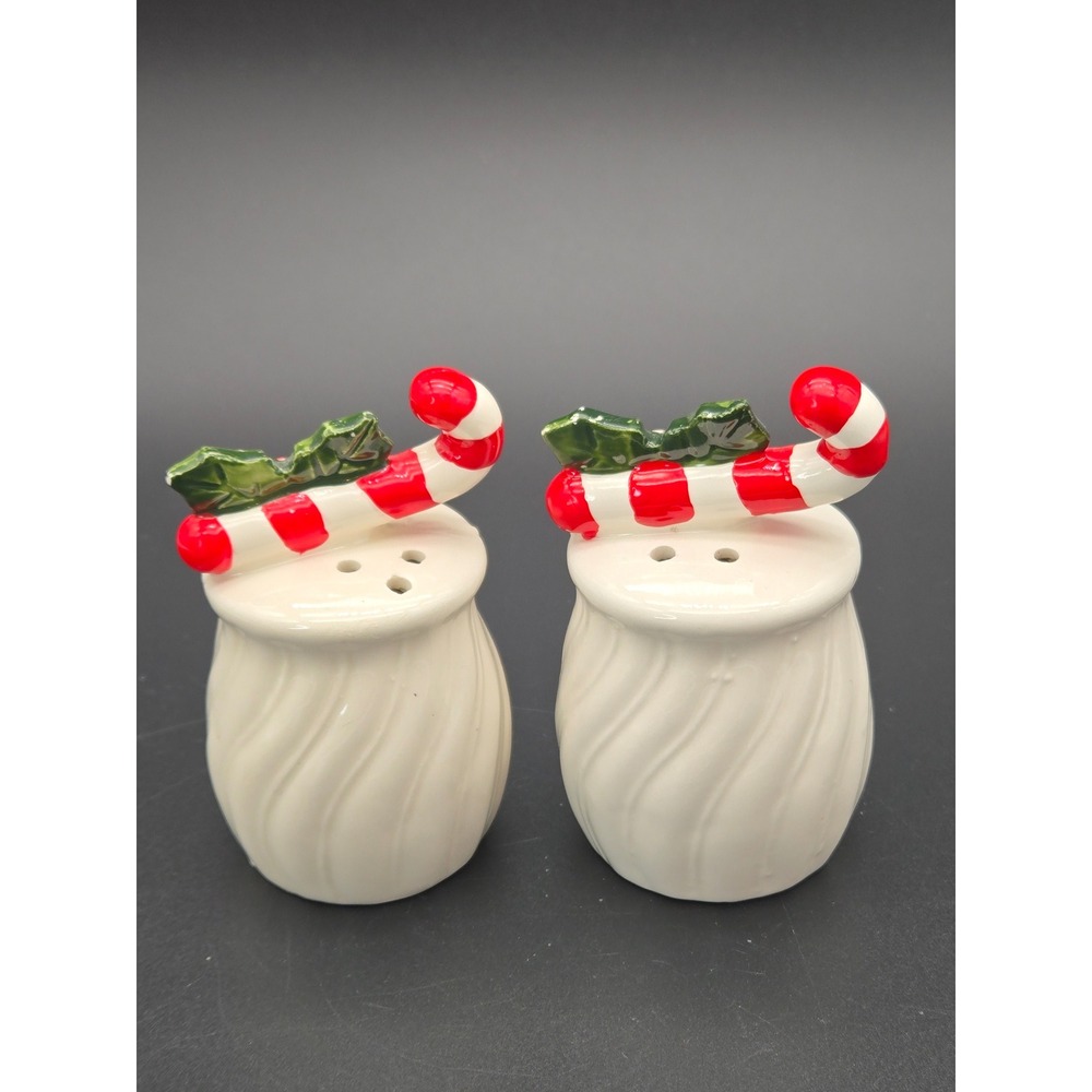 Vintage Style Ceramic Christmas Candy Cane Holly Salt and Pepper Shakers Set